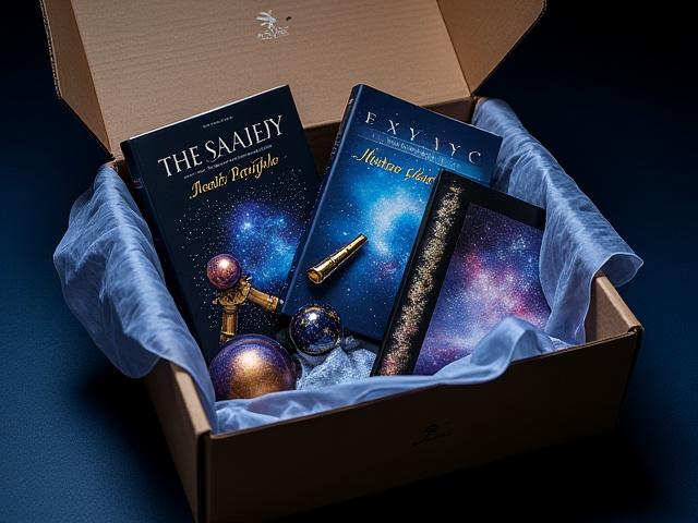 Geöffnete Eclipse Books Abo-Box mit Büchern und Weltraum-Merchandise